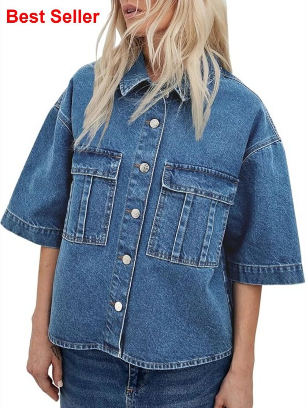Oversized Short Sleeve Denim Jacket Crop Jean Top Shacket